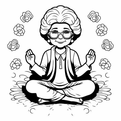 Grandmother meditating in the lotus position. Black and white ve