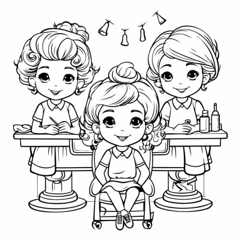 Coloring Page Outline Of Schoolgirls Sitting at the School Desk