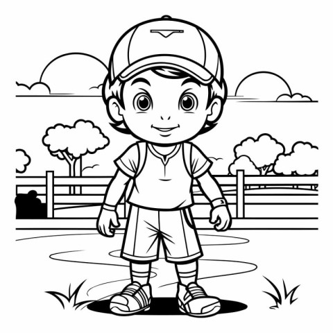 Boy with baseball cap. Black and white vector illustration for c