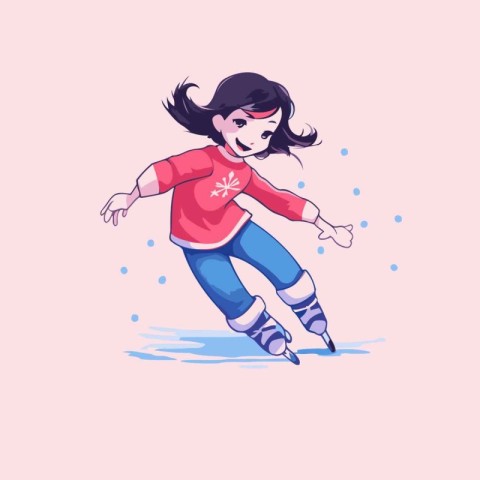 Cute girl skating on ice. Vector illustration in cartoon style.