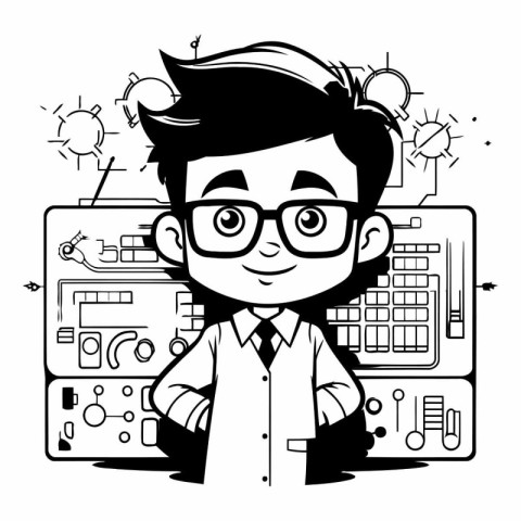 Cute boy cartoon with technology and science elements vector ill