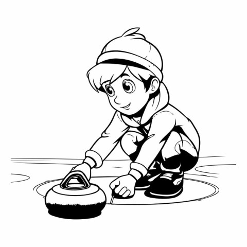 Illustration of a child playing with a kettlebell on a white bac