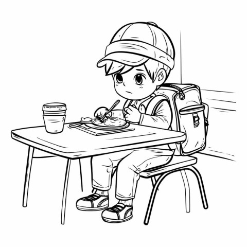 Illustration of a boy sitting at the table and eating a sandwich