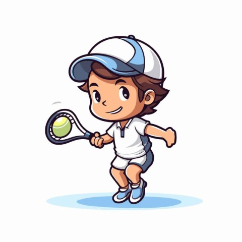 Little boy playing tennis cartoon vector illustration. Cartoon b