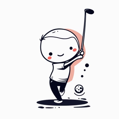 Cute cartoon boy playing golf on white background. Vector illust