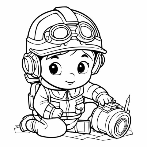 Black and White Cartoon Illustration of Cute Little Boy Astronau