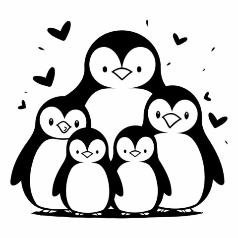 Penguin family. Black and white vector illustration for coloring