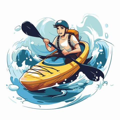 Man paddling a kayak on the sea waves. Vector illustration.