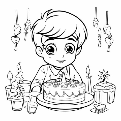 Cute cartoon boy with birthday cake. Vector illustration for col