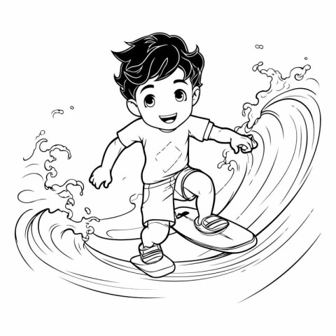 Boy surfing on a wave. Coloring book. Vector illustration.