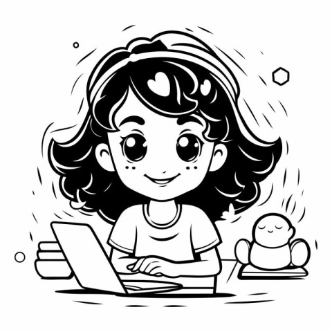 Little girl working on laptop at home. Black and white vector il