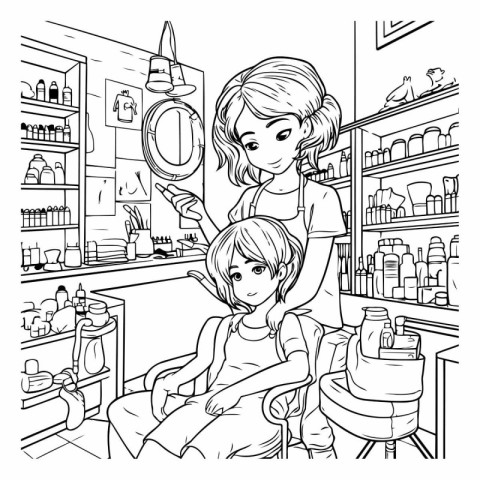 Beauty salon. Black and white vector illustration for coloring b