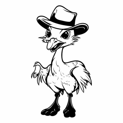 Illustration of ostrich in a hat on a white background.