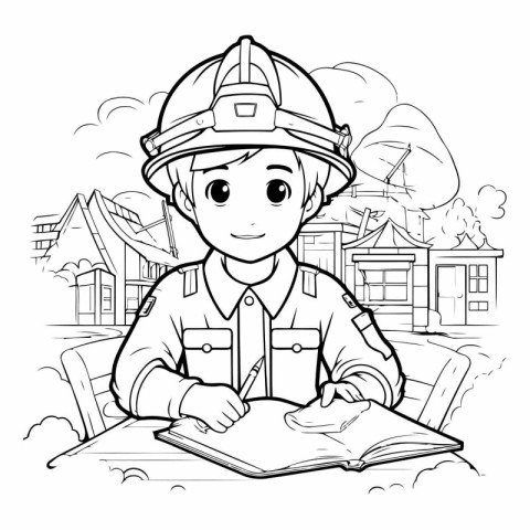 Black and White Cartoon Illustration of a Firefighter Boy or Wor