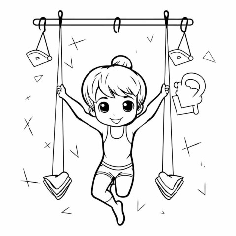 Cute little girl swinging on a swing. Black and white vector ill