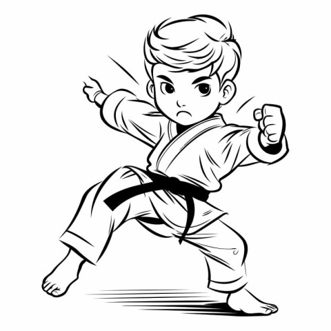 Karate boy - vector illustration. Black and white karate illustr