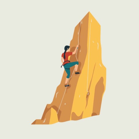 Young woman rock climber climbing on a cliff. Flat style vector