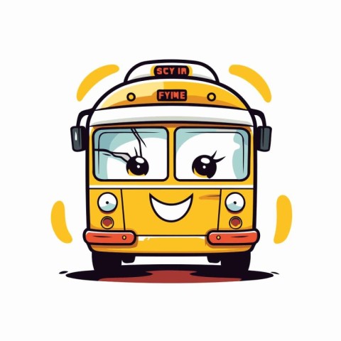 Cute yellow school bus with eyes and mouth. Vector illustration.