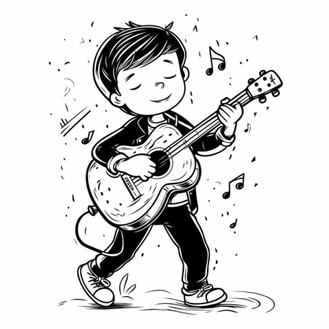 Little boy playing guitar. Vector illustration in black and whit