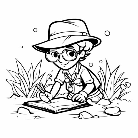 Boy with glasses reading a book in the garden. Black and white v