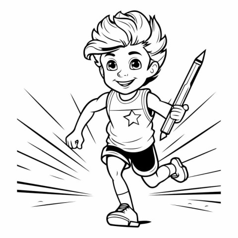 Black and White Cartoon Illustration of Kid Running with Pencil