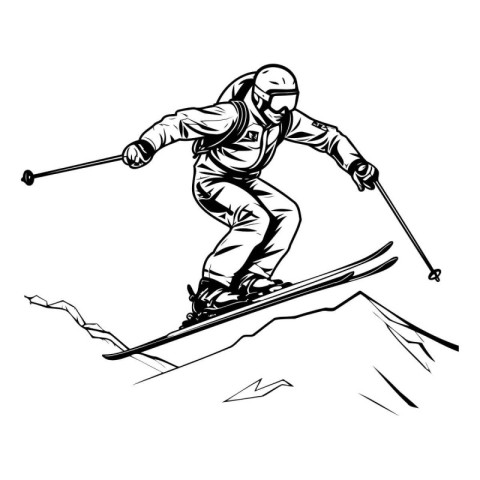 Skiing. Skier skiing downhill. Black and white vector illustrati