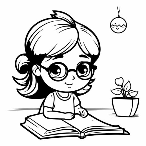 Cute Girl Reading Book - Black and White Cartoon Illustration. V