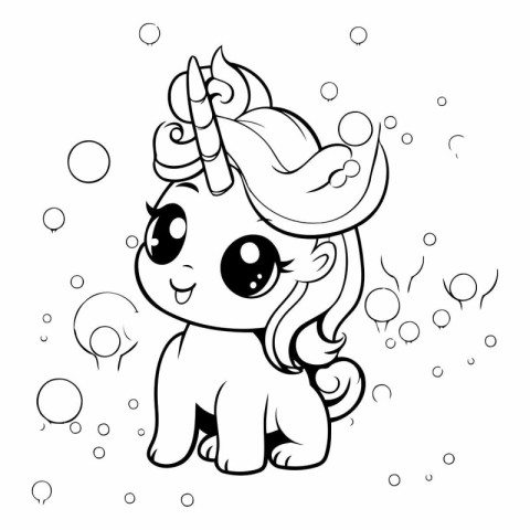 Cute cartoon unicorn. Black and white vector illustration for co