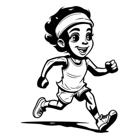 Black and white illustration of a little boy running in a cap.