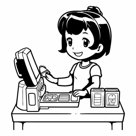 Black and White Cartoon Illustration of Girl Playing Slot Machin