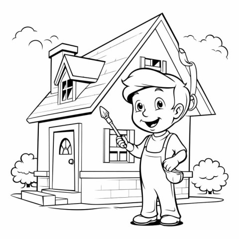 Vector illustration of Cartoon boy painting house. Black and whi