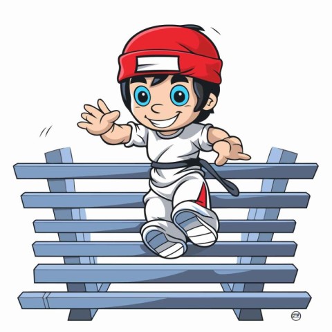 Cartoon baseball player sitting on a wooden bench. Vector illust