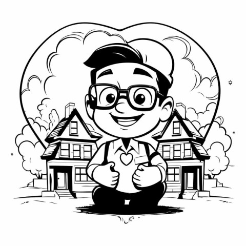 Black and White Cartoon Illustration of Kid Boy in Front of Hous