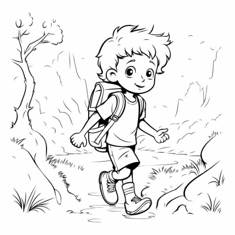 Outdoor sketch of a boy hiking in the woods. vector illustration