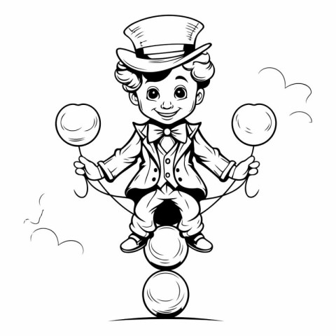 Circus clown juggling balls - black and white vector illustratio