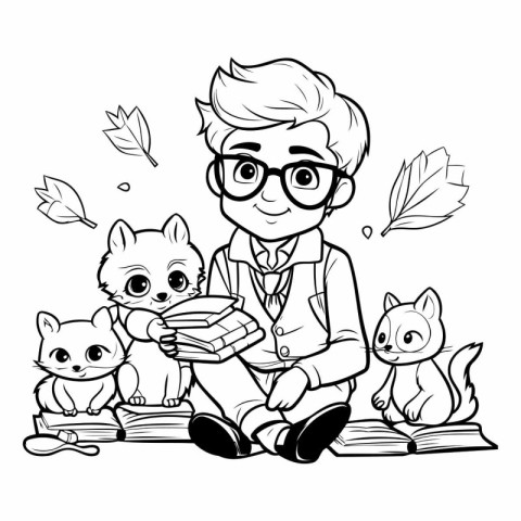 Vector illustration of a boy reading a book with a group of cats