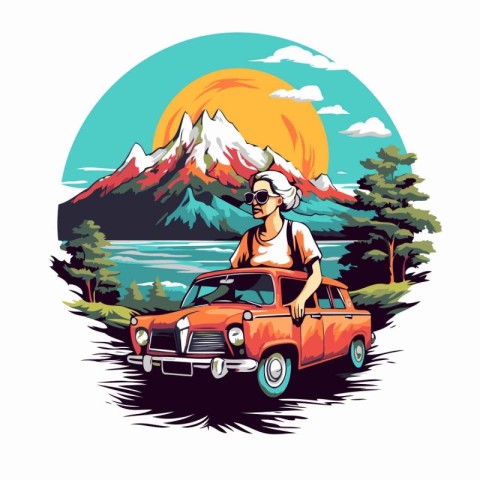 Woman tourist with a retro car on the background of mountains. V