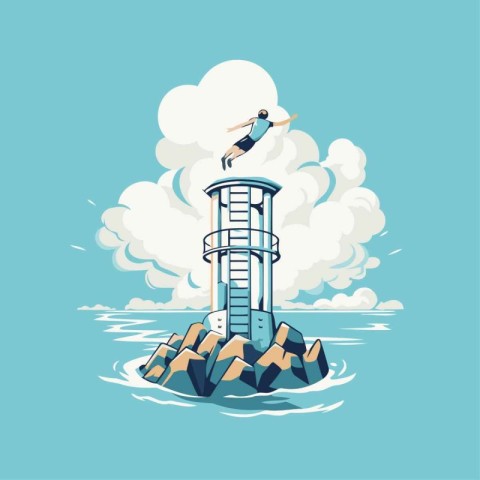 Businessman jumping from the cliff into the sea. Vector illustra