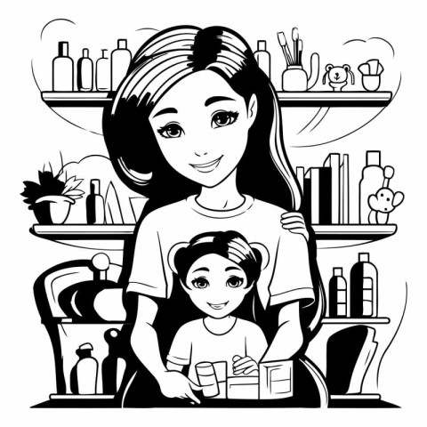 Mother and daughter hairdresser. Black and white vector illustra