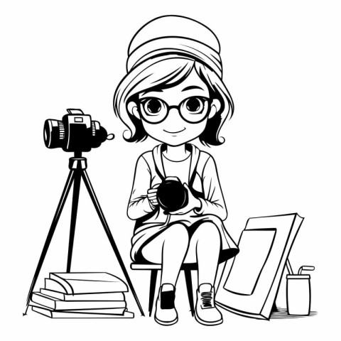 cute little girl with camera and books cartoon vector illustrati