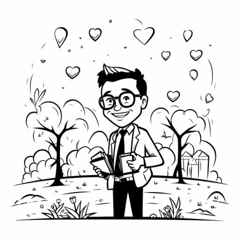 Young man with books and glasses standing in the park. Vector il