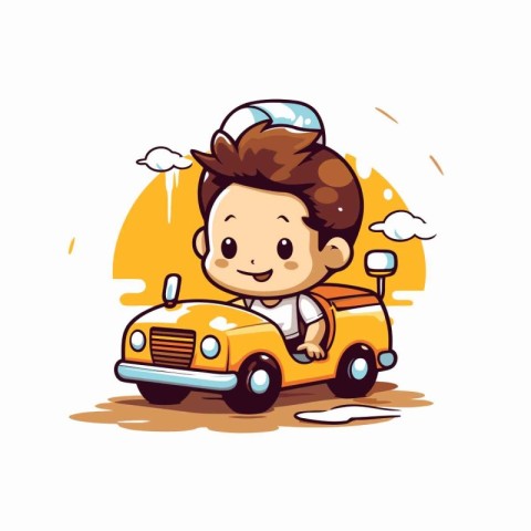 Cute little boy driving a yellow car. Vector cartoon illustratio