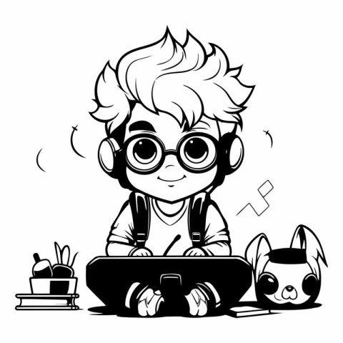 Cute boy in glasses playing with dog. Black and white vector ill