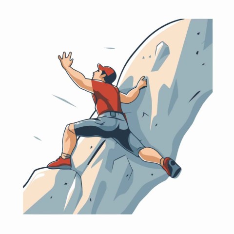 Young man climbing on a rock. Vector illustration in cartoon sty