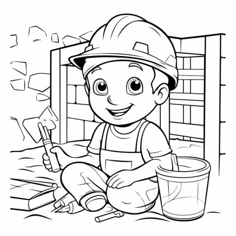 Black and White Cartoon Illustration of Kid Boy with Constructio