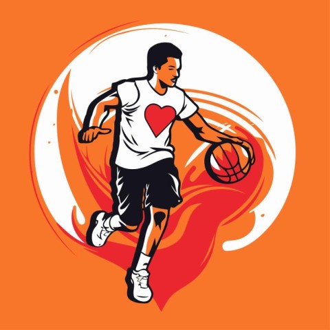 Basketball player with ball on fire background. Vector Illustrat