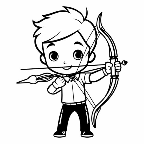 Cute Boy with Bow and Arrow - Black and White Cartoon Illustrati