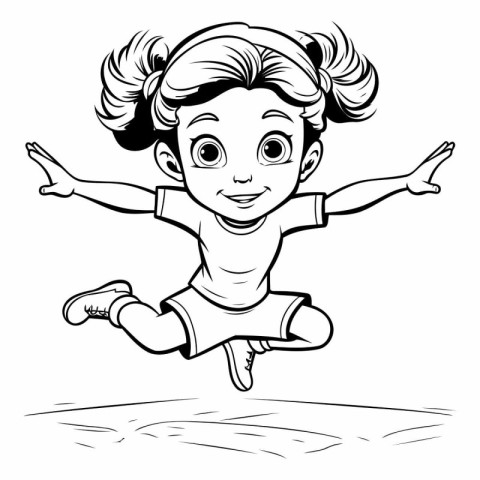 Little Girl Jumping - Black and White Cartoon Illustration. Vect