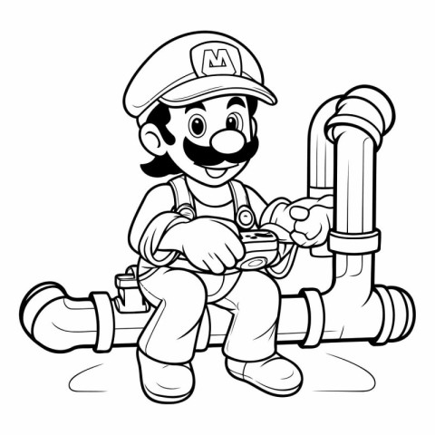 Plumber with Pipe - Black and White Cartoon Illustration. Vector