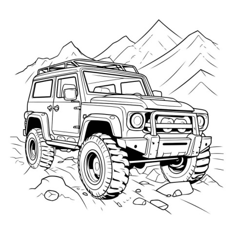 Off-road vehicle in the mountains. Monochrome vector illustratio